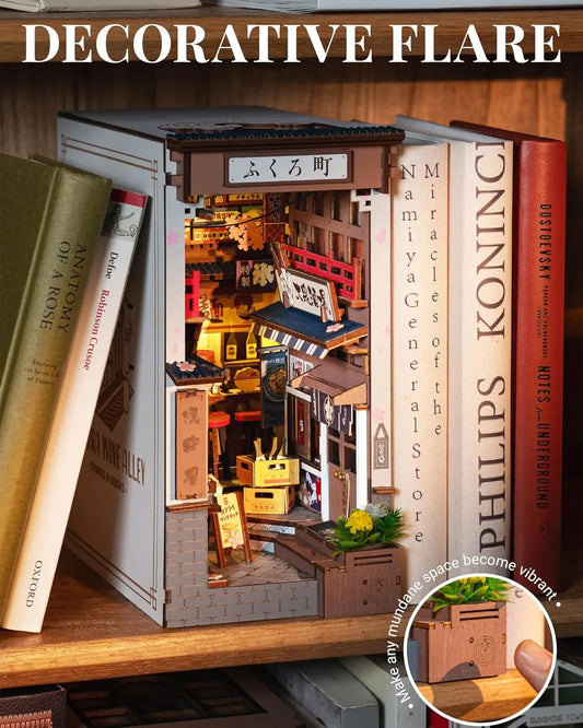 Robotime Sakura Wine Alley DIY Booknook with Lights DIY Miniature Dolls House Kit 3D Wooden Puzzle Bookend Bookshelf Decor Gift