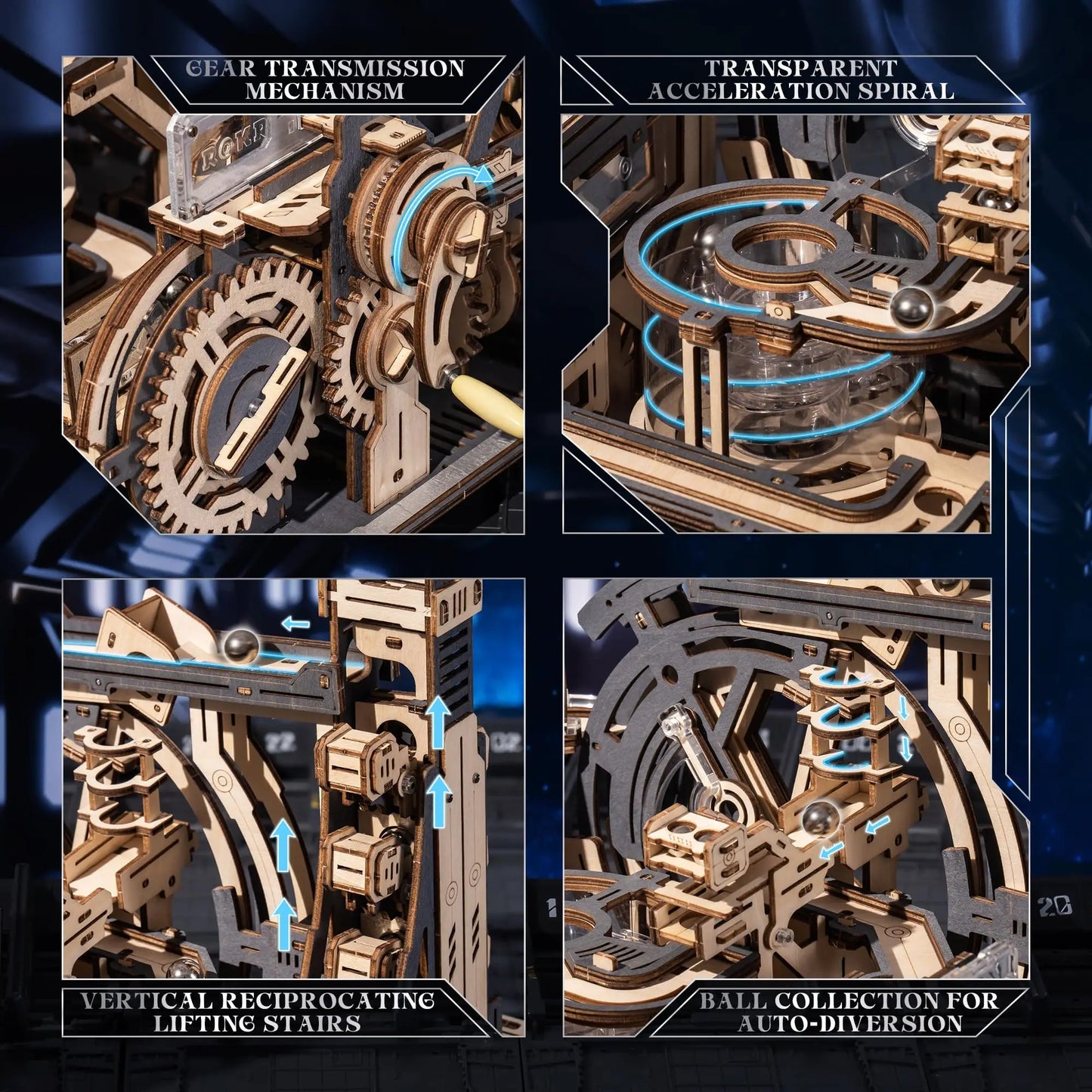 ROBOTIME Rokr Electric Marble Run with Light 3D Puzzle Toys Marble Spaceport Gifts for Kids Children Connect With Night City